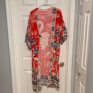 Red Kimono with Floral and Flamingo Pattern